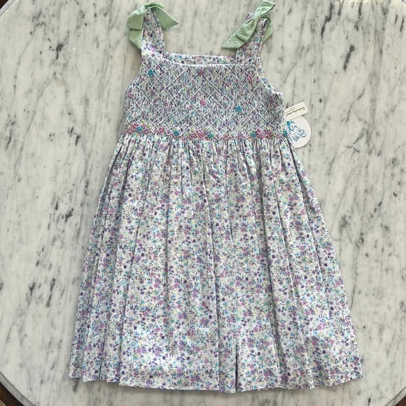 Luli & Me Girls Classical Diamond Smocked Dress - Flutter Sleeves - Blue
